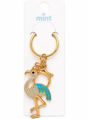 Gold Flamingo Keychain Bag Charm with Teal Enamel & Rhinestones